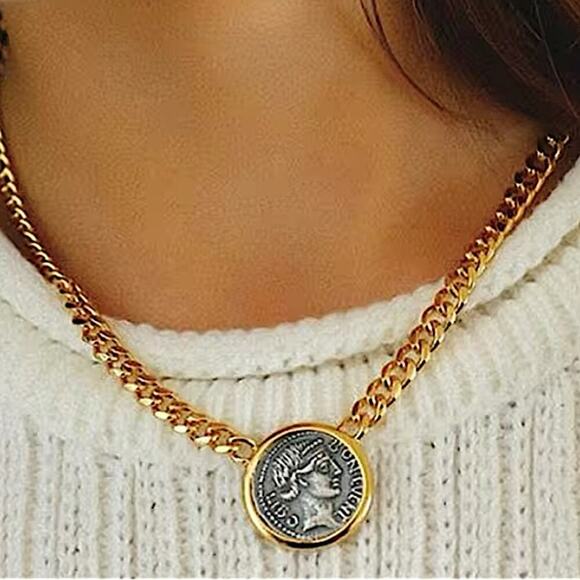 Gold Coin Pendant Necklace,, Charm, Boho, Medallion - Picture 2 of 6